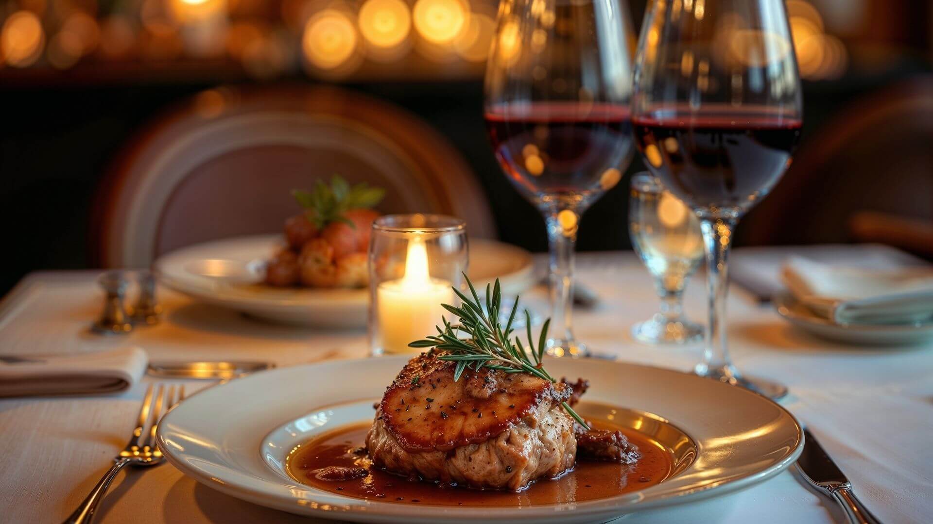elegant restaurant table setting with two plates of gourmet food red wine glasses and candlelight creating a cozy atmosphere