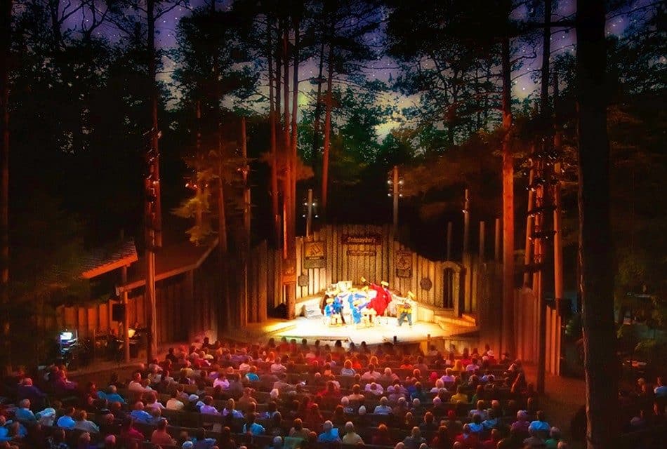 An outdoor amphitheater nestled in the woods with a crowd gathered to watch a show