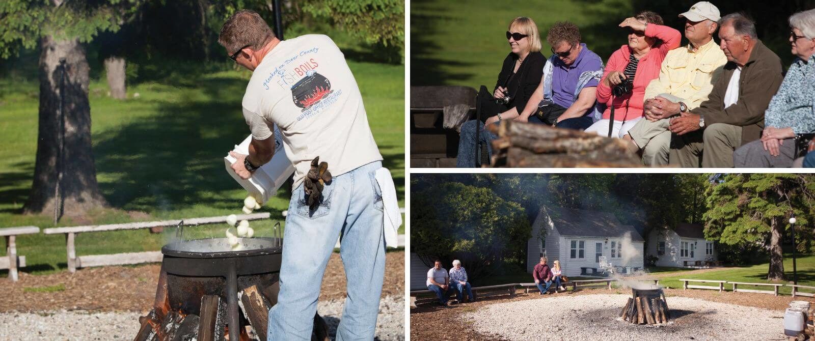 Collage of three different images showing people sitting by an outdoor fire pit