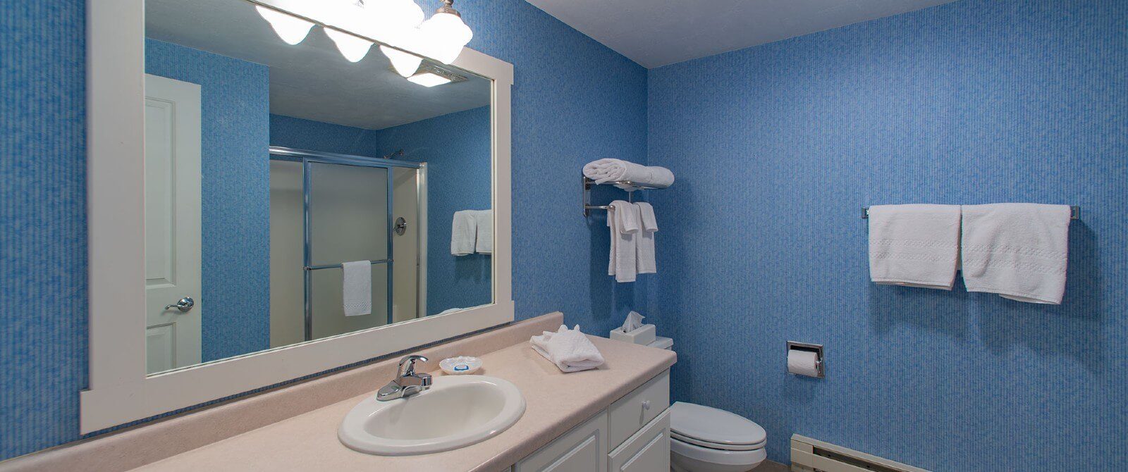 Bathroom with blue wallpaper, single sink vanity, toilet and large white framed mirror