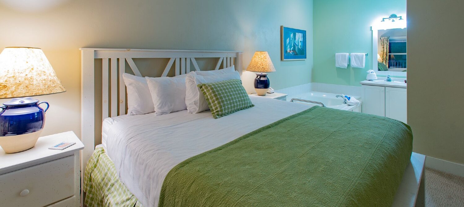 Bedroom with queen bed, side tables with blue lamps, corner jacuzzi tub