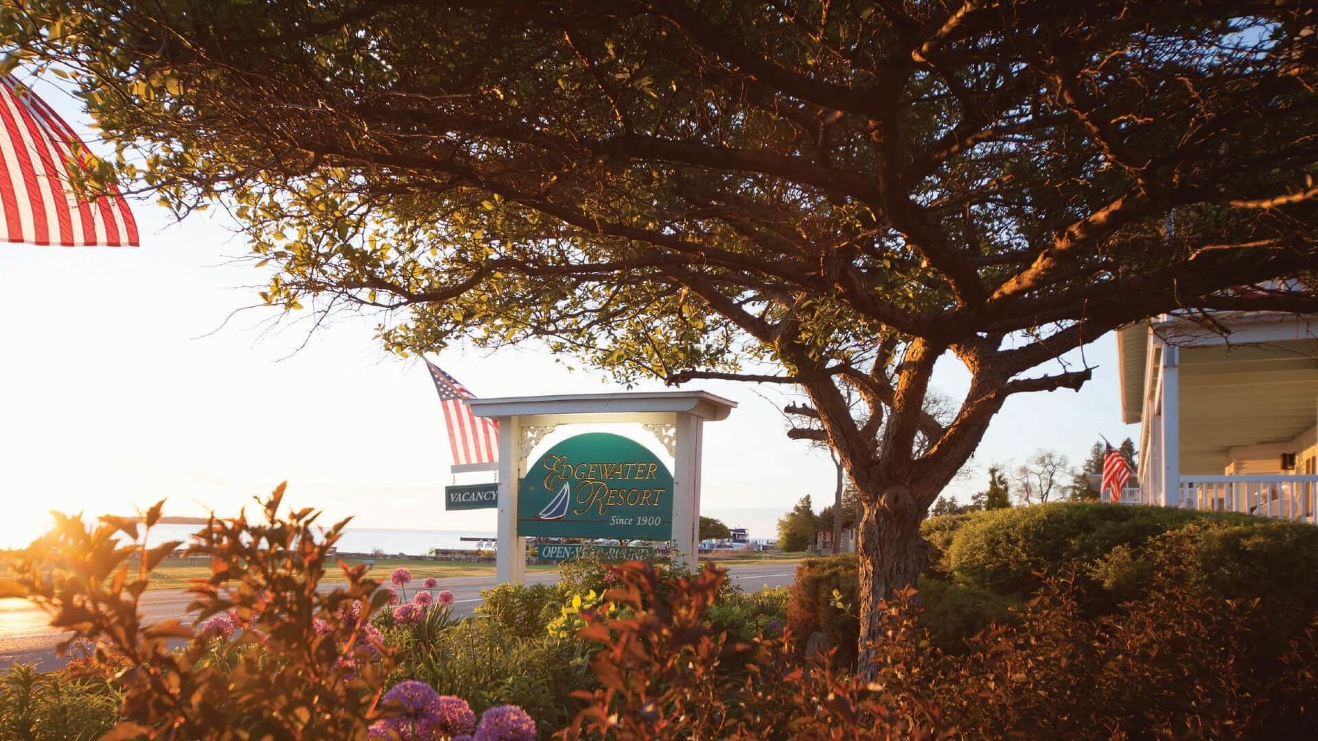 Business sign for a hotel resort nestled under a large tree and surrounded by flowers and landscaping